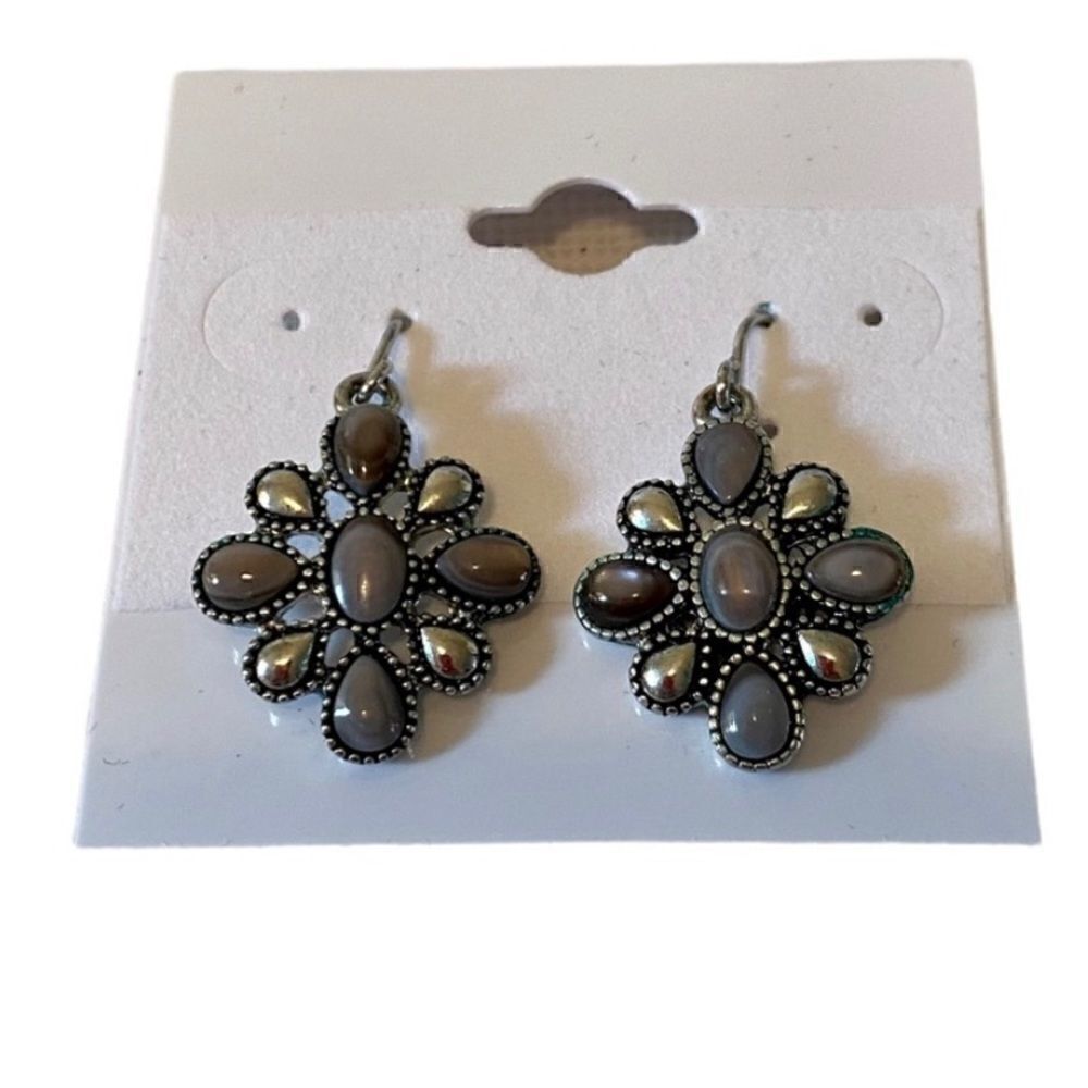 Chaps Sliver & Purplish/Gray Toned Flower Shaped Earrings.